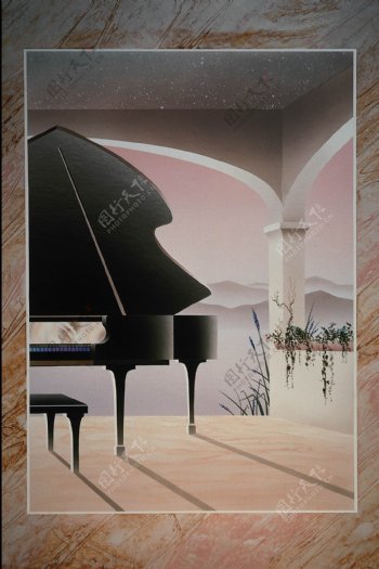 钢琴油画图片