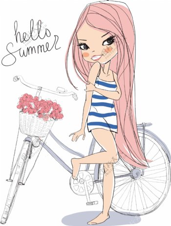 自行车与性感美女插画