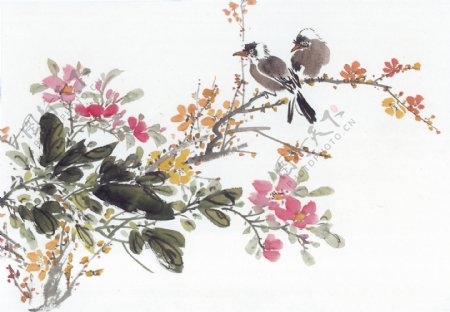 花卉与小鸟油画图片