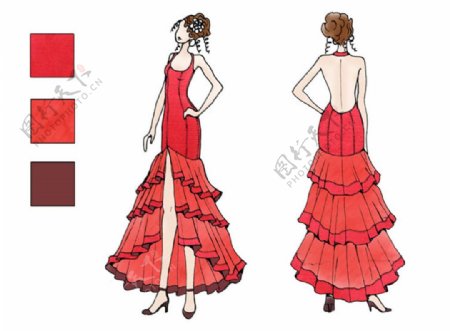 红色露背舞裙设计图