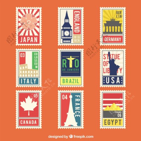 彩色9个城市邮票图标