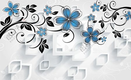 3D蓝色花卉背景墙图片