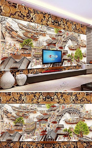 中国风山水画木雕背景墙图片
