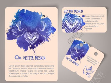 蓝色水彩鸽子卡片矢量素材