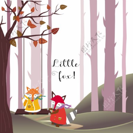 冬季森林可爱狐狸背景图