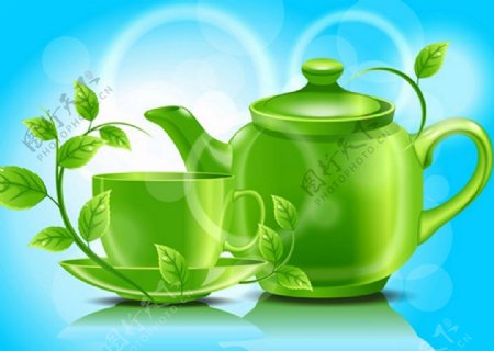 小清新绿色茶壶茶杯背景图