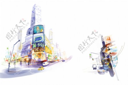 城市繁荣景象街道插画