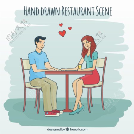 手绘爱情餐厅的场景