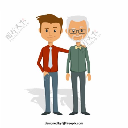 卡通站立的老人与儿子