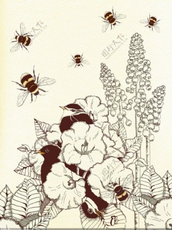 卡通花丛蜜蜂图片