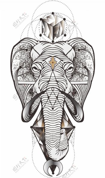大象纹身民族元素线描手绘