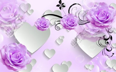 3D爱心紫色玫瑰图片
