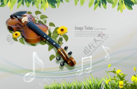 小提琴与绿叶花朵PSD分层素材