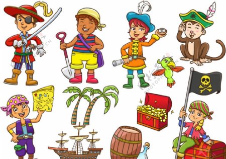 海盗装扮儿童和装饰物矢量