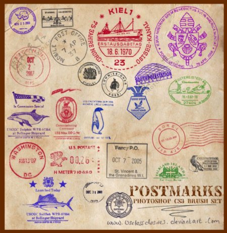国际邮戳图案PS笔刷素材