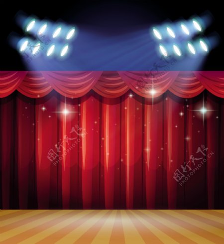 舞台背景舞台上有红色和红色的窗帘