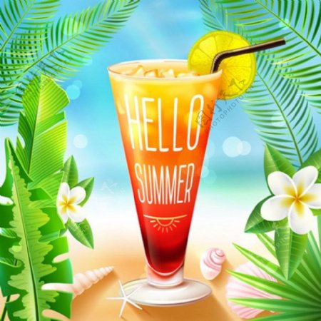 夏日暑假沙滩果汁背景图