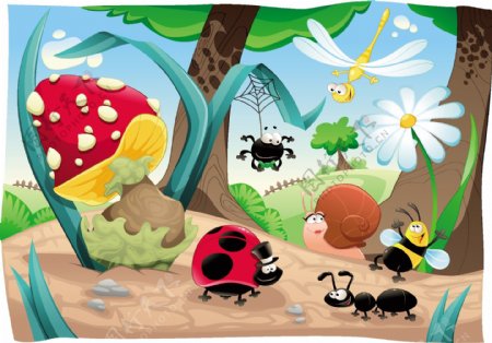 卡通森林昆虫插画矢量素材