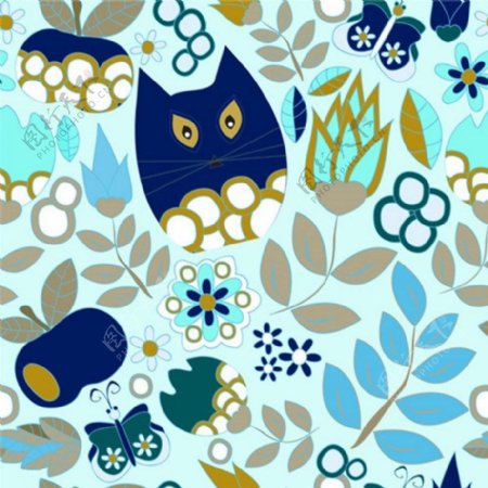 蓝色猫鲜花叶子背景图