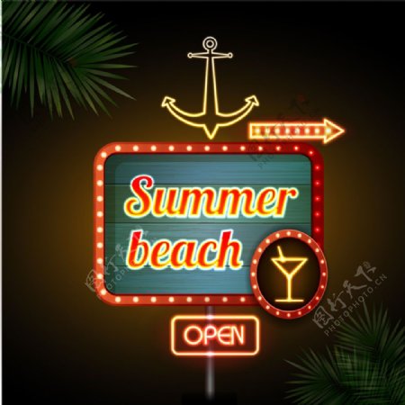 夏季沙滩霓虹灯海报