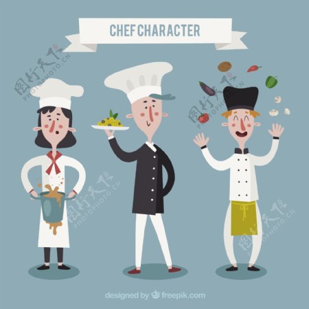 手绘扁平风格三个厨师角色插图