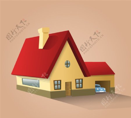 卡通立体红色屋顶房屋矢量素材
