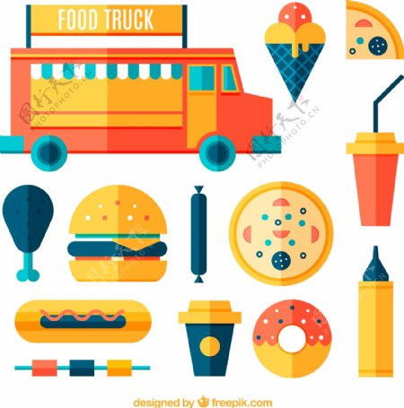 13款扁平化快餐车用食物与调料矢量图