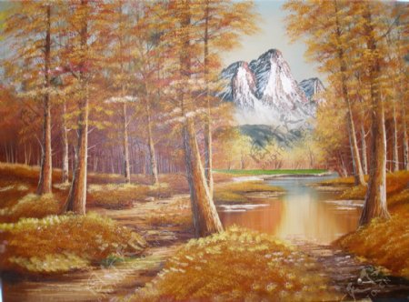 雪山树木油画图片