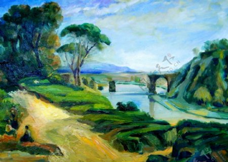 马路桥梁风景油画图片