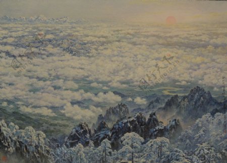 冬天山峰油画图片