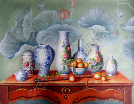 瓷器与水果油画图片