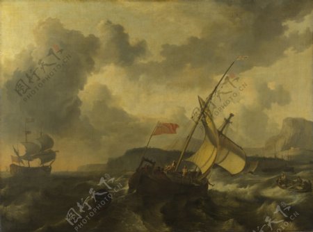 风浪中的帆船风景画图片