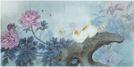 牡丹国画与猫咪图片