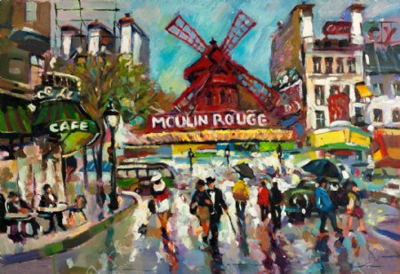 美丽的雨中广场油画图片