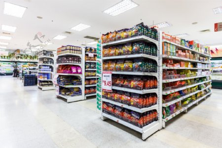 整齐的超市食品货架图片