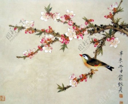 水墨桃花鸟类绘画图片