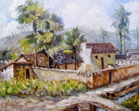 村庄小屋油画177图片