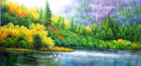 油画湖泊树木风景图片