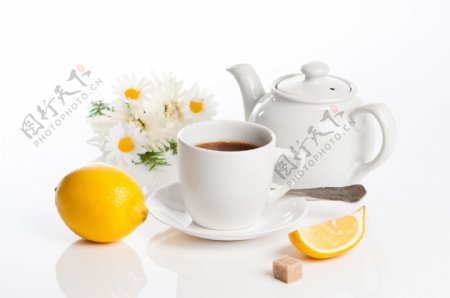 柠檬菊花与茶具图片