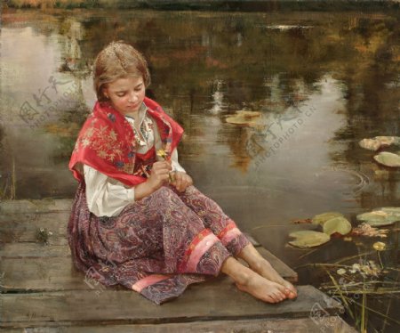 坐在河边拿着花朵的女孩油画图片