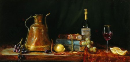 葡萄酒与水果书本静物油画图片