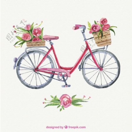 装满鲜花的单车水彩画矢量素材