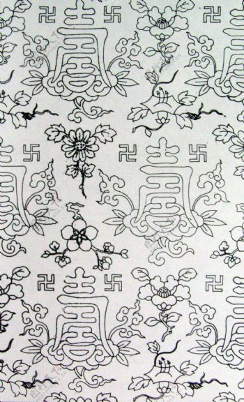 卍寿折枝花卉纹改机花纹摹绘图