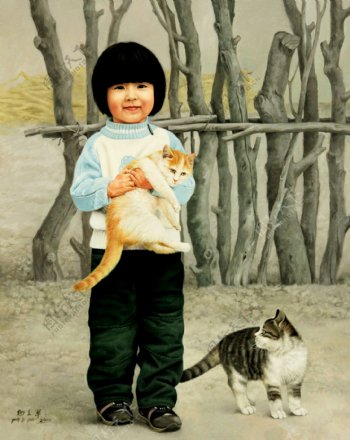女孩与猫油画图片