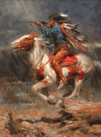 骑马打猎的印第安人油画图片