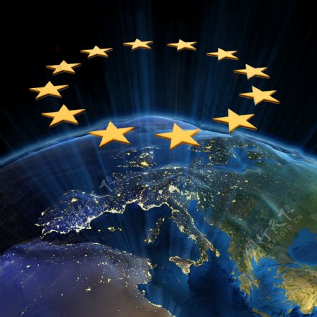地球上的欧洲大陆和欧盟标志图片