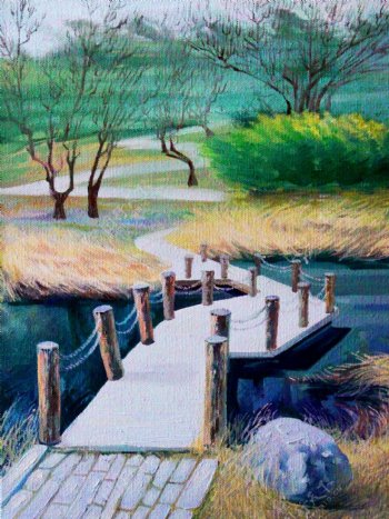 油画木桥与河流图片