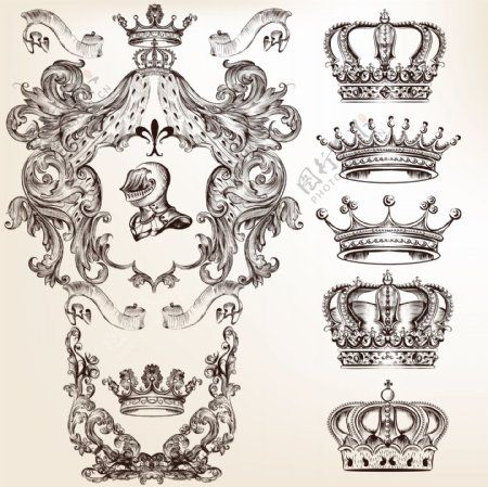 皇冠手绘涂鸦水彩线条古典花纹分割线矢量