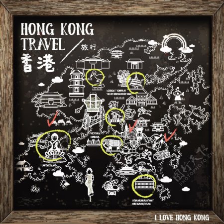 黑板线框边框地图香港旅游素材
