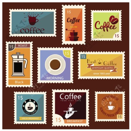咖啡邮票集设计与复古风格自由向量